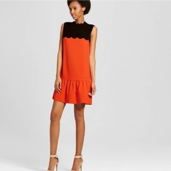 Victoria Beckham x Target Scalloped Shift Peplum Dress L Orange Black Sleeveless - Picture 1 of 12